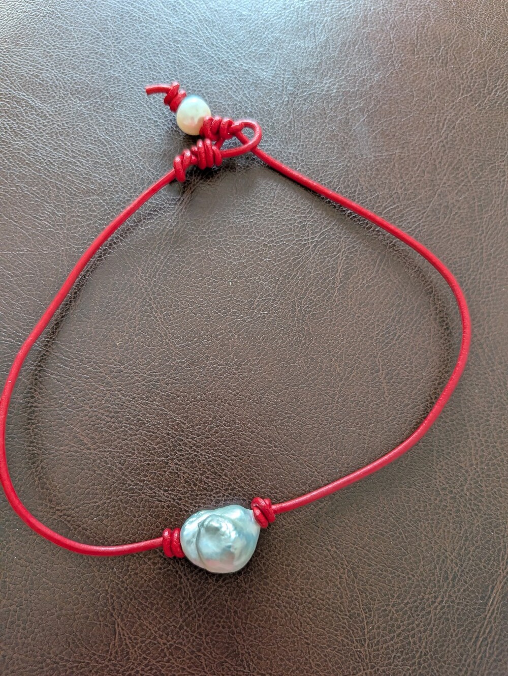 Handcrafted Red Leather Pearl Necklace